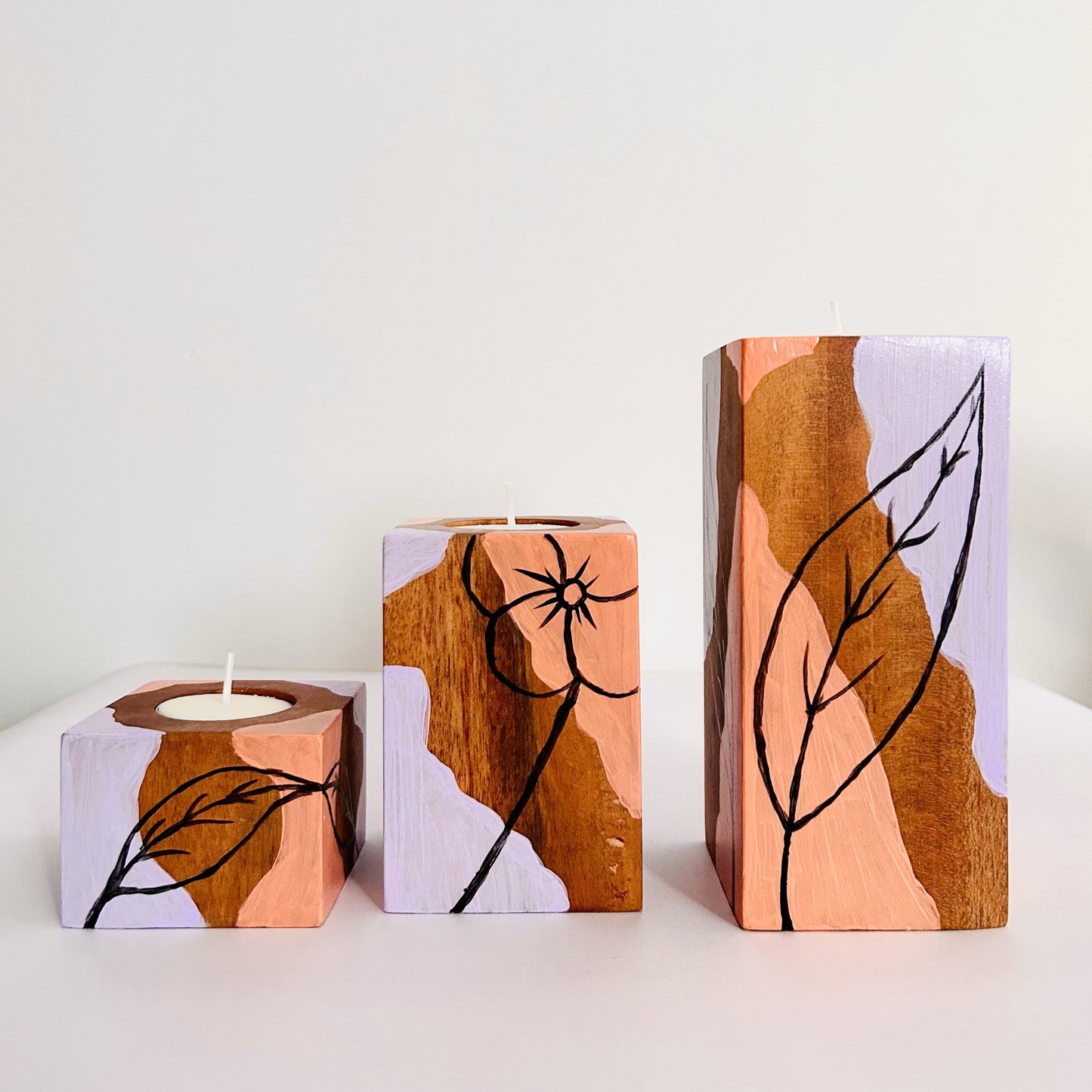 LEMONGINGER PASTEL DESIGNS CANDLE HOLDERS – Set of 3 candle holders made of Natural Solid Wood