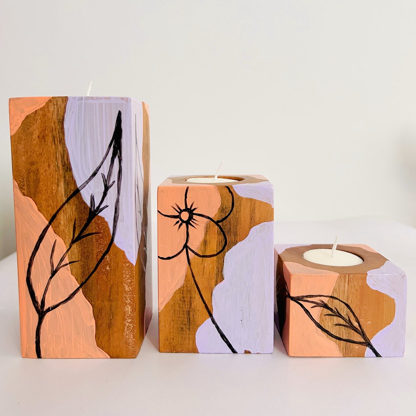 LEMONGINGER PASTEL DESIGNS CANDLE HOLDERS – Set of 3 candle holders made of Natural Solid Wood