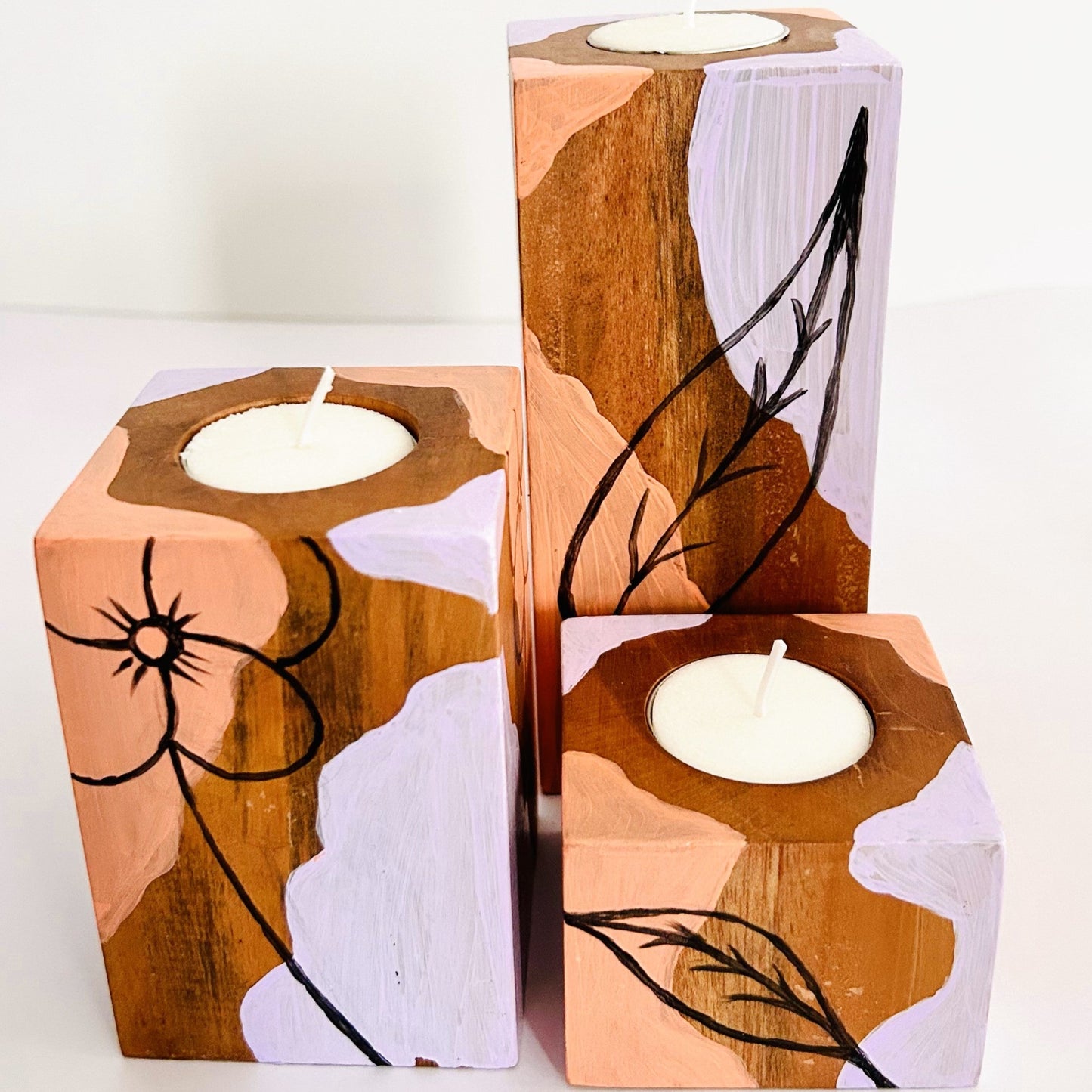 LEMONGINGER PASTEL DESIGNS CANDLE HOLDERS – Set of 3 candle holders made of Natural Solid Wood