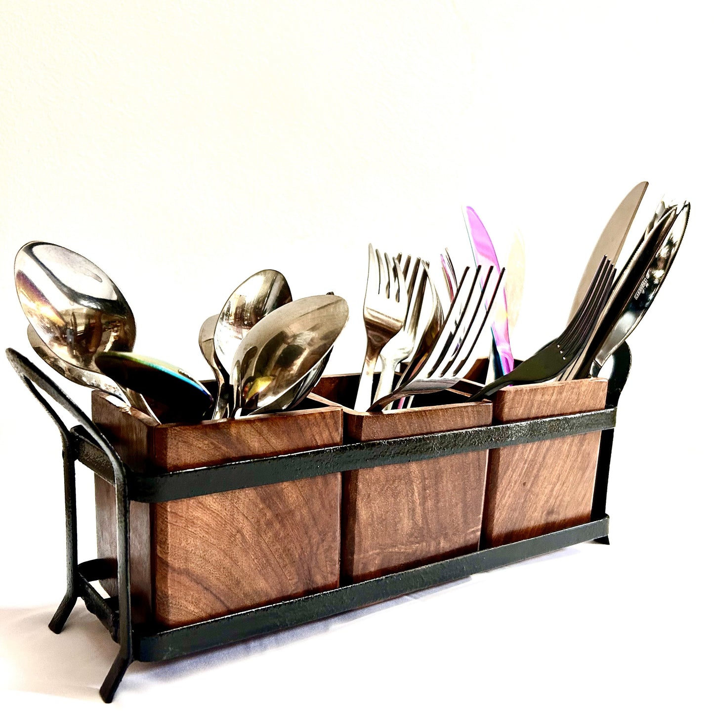 Wooden & Iron Cutlery Holder Wooden Organizer for Kitchen Countertops, Dining Table, Study Table, Office Table, Organizer for Forks, Knives, Spoons, Pens, Pencil, Stationery. Organizers that can be used to organize cutlery for kitchen countertops and dining tables; for pens, pencils, markers or other stationery objects for your study and office tables; and for makeup stuffs for your dressing table. Rustic decor accessories, gifting for birthday, wedding anniversary, housewarming.