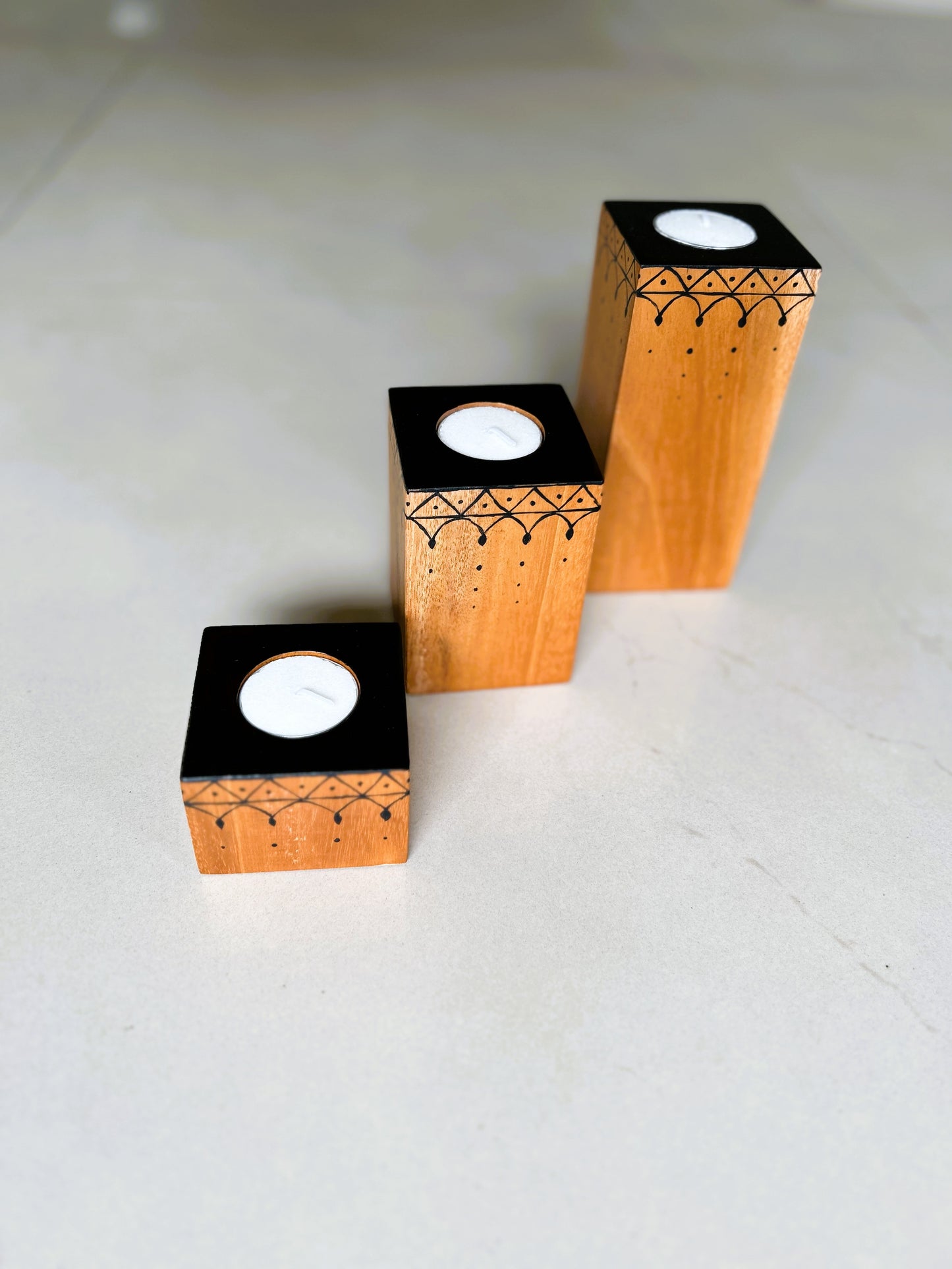 LEMONGINGER TASSELED CANDLE HOLDERS – Set of 3 candle holders made of Natural Solid Wood