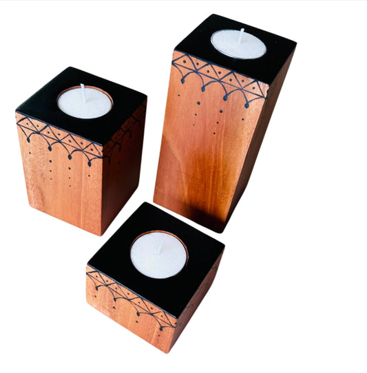 LEMONGINGER TASSELED CANDLE HOLDERS – Set of 3 candle holders made of Natural Solid Wood
