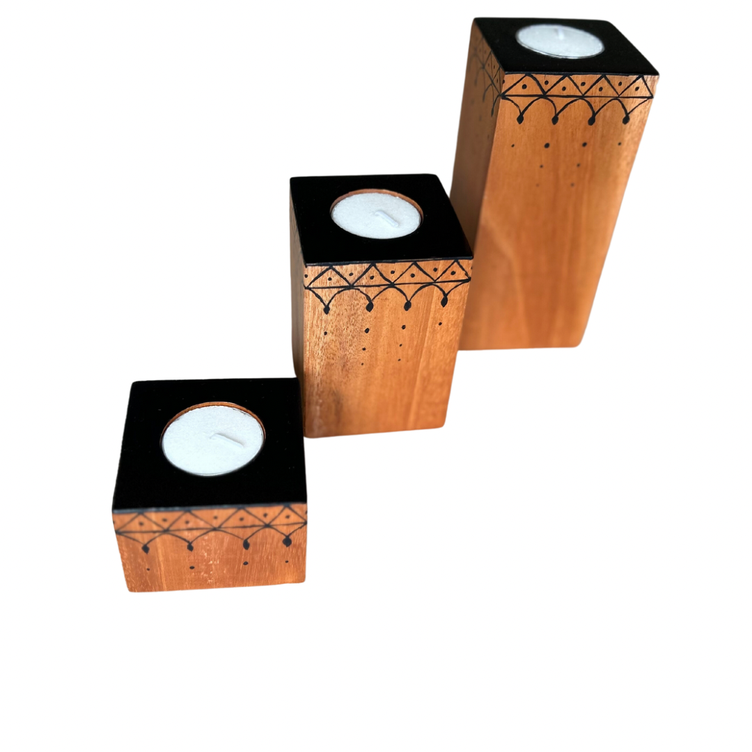 LEMONGINGER TASSELED CANDLE HOLDERS – Set of 3 candle holders made of Natural Solid Wood