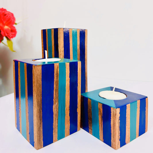 LEMONGINGER BOLD & STRIPED CANDLE HOLDERS – Set of 3 candle holders made of Natural Solid Wood