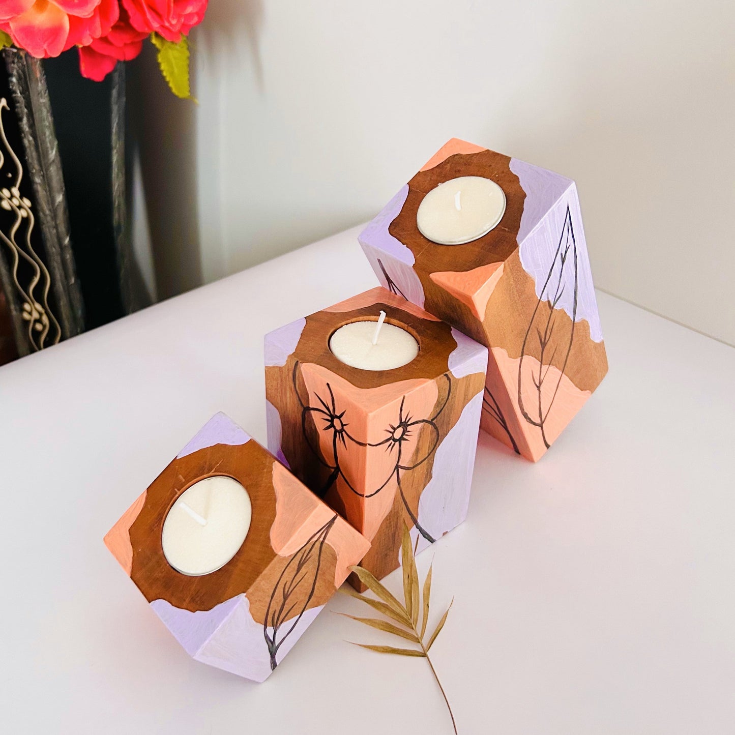 LEMONGINGER PASTEL DESIGNS CANDLE HOLDERS – Set of 3 candle holders made of Natural Solid Wood